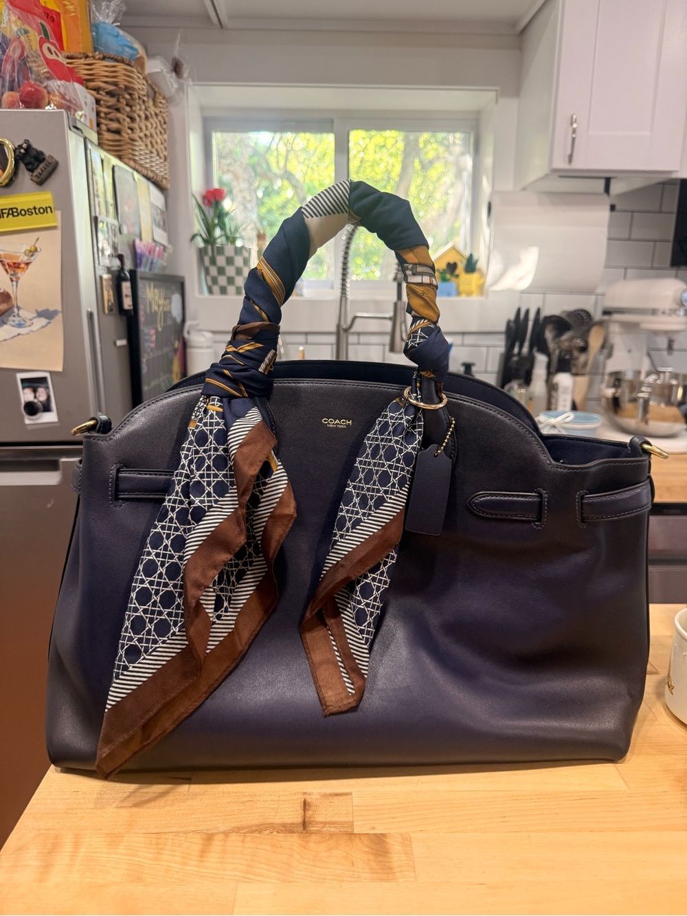 Coach Navy Leather Empire 40 with Brown-Trimmed Patterned Scarf Wraps